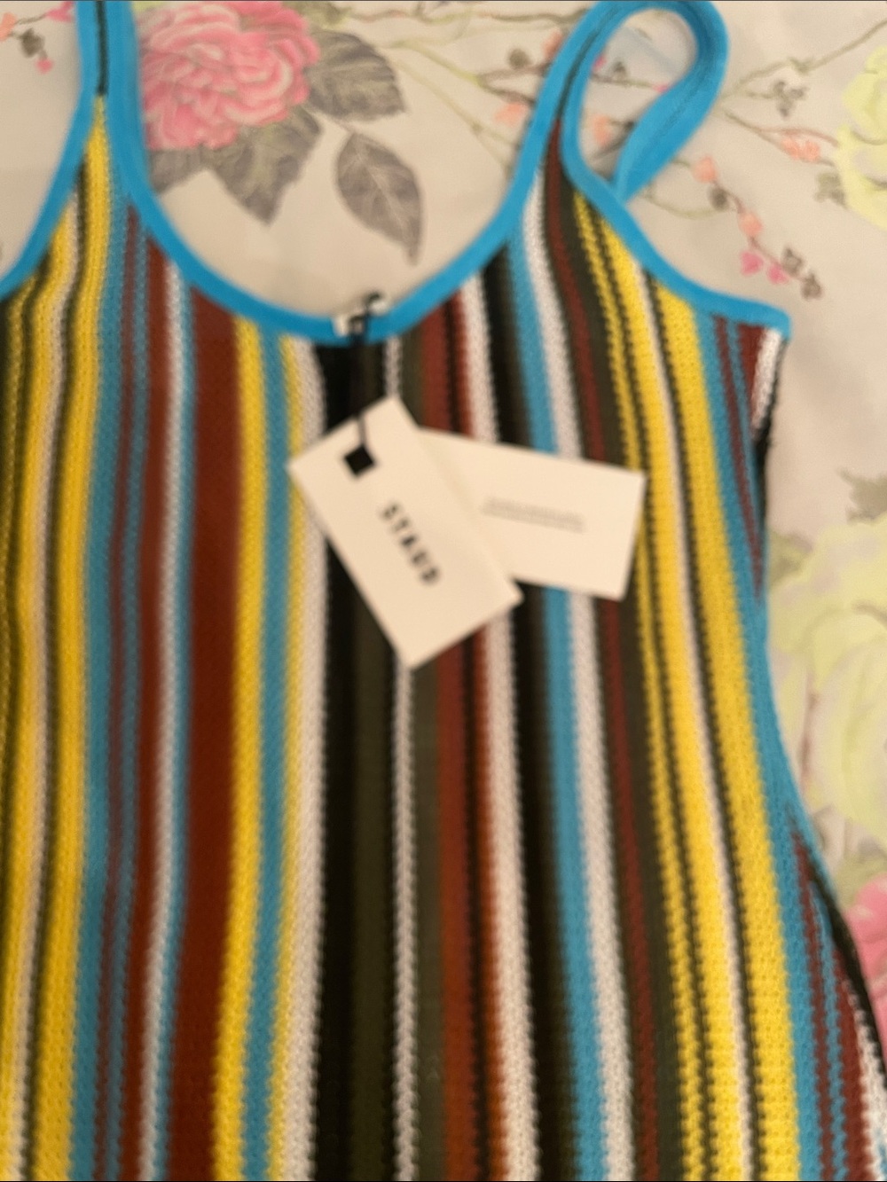 STAUD Multicolor Striped Midi Dress with Turquoise Trim - Picture 2 of 5